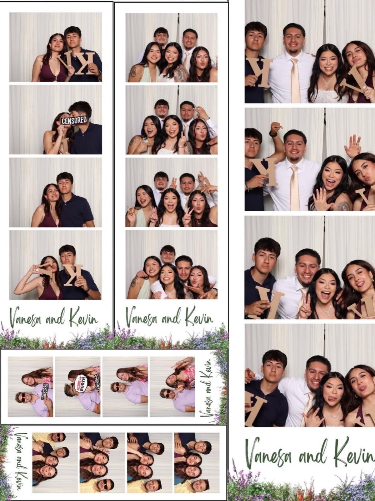 Custom Memento photo strips from Vanesa and Kevin's wedding with a floral design and guests posing with wooden letter props