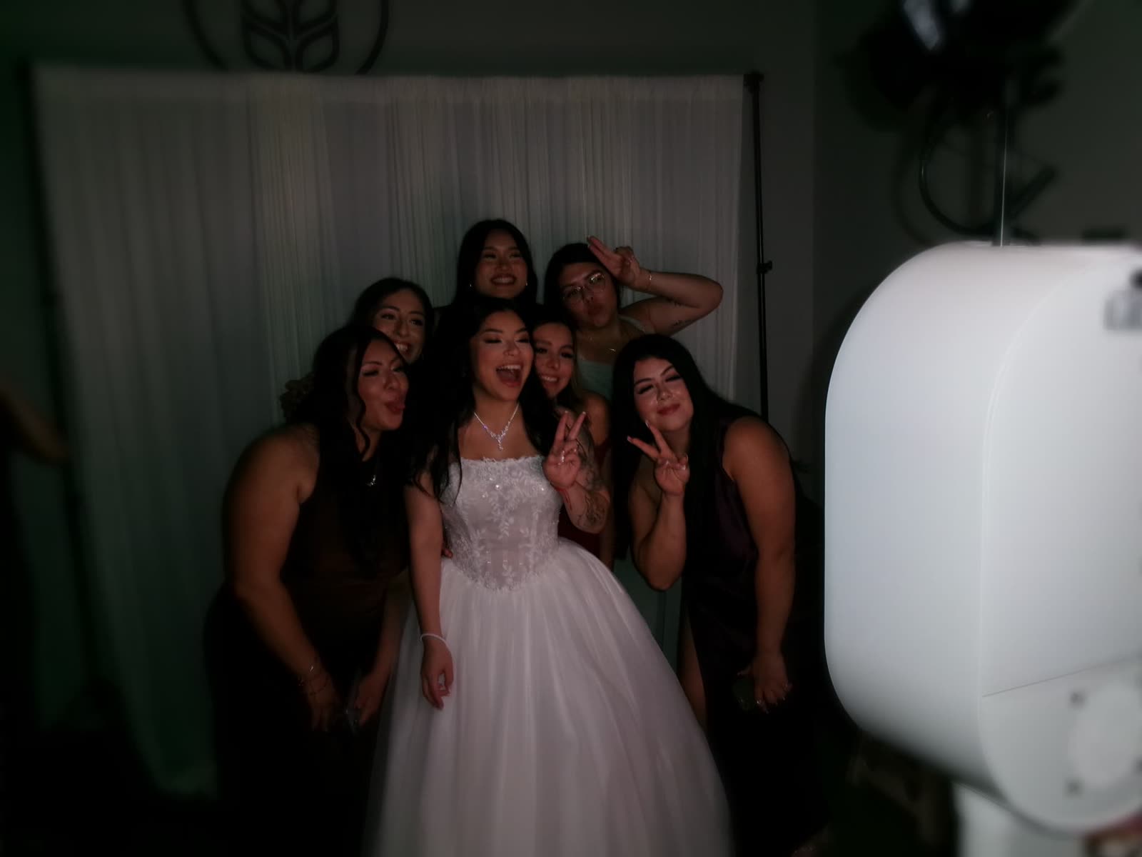 Bridal party laughing and throwing peace signs in the Memento photo booth at a wedding reception